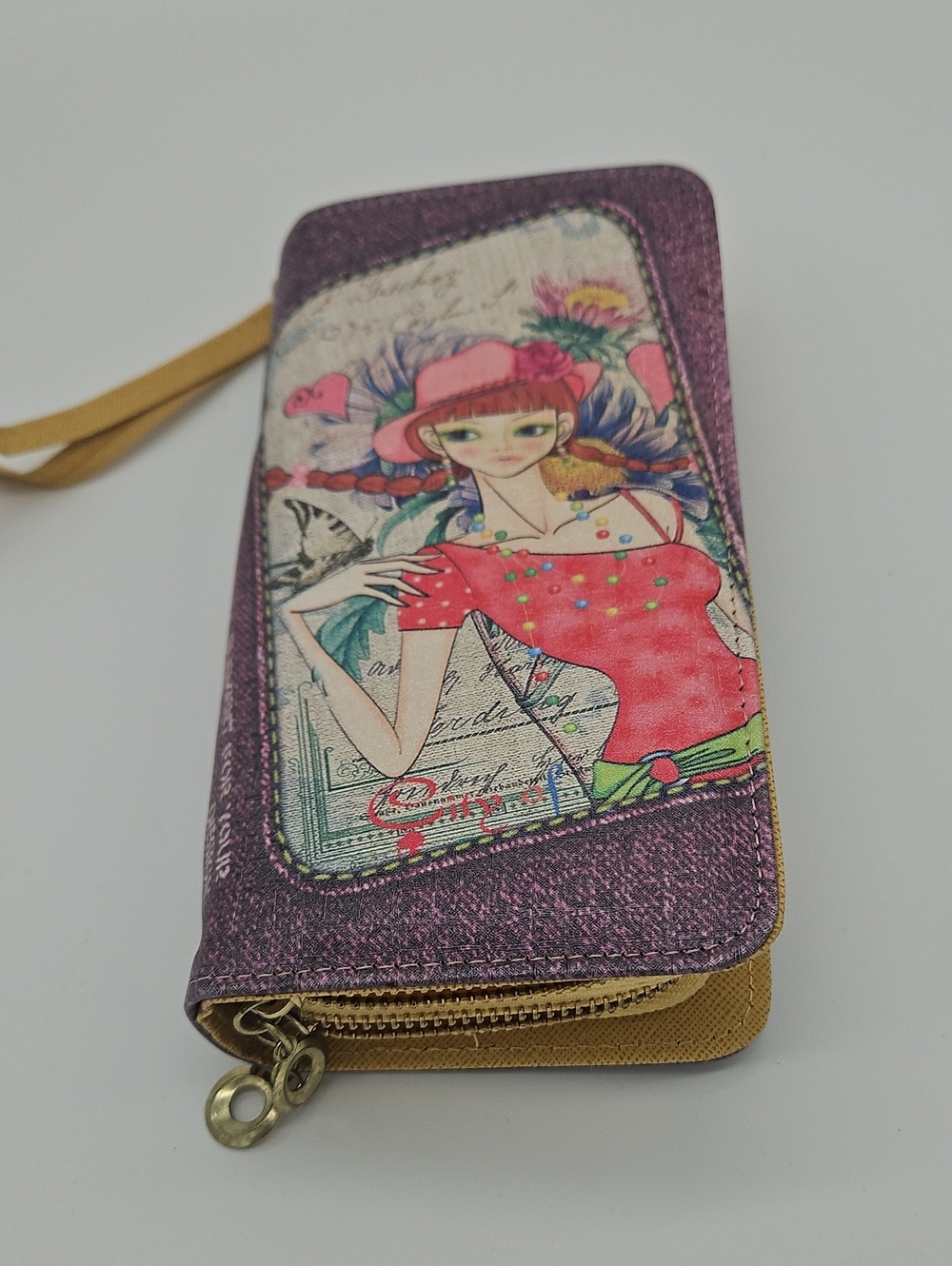 Purple Illustrated Wristlet Wallet with Pink Accent